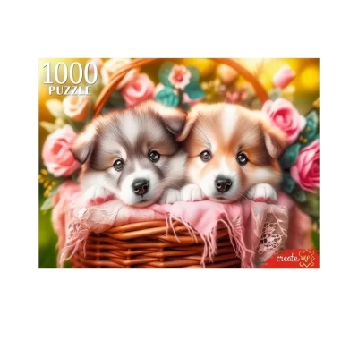 Пазл Рыжий кот Два щенка в корзине 1000 элементов