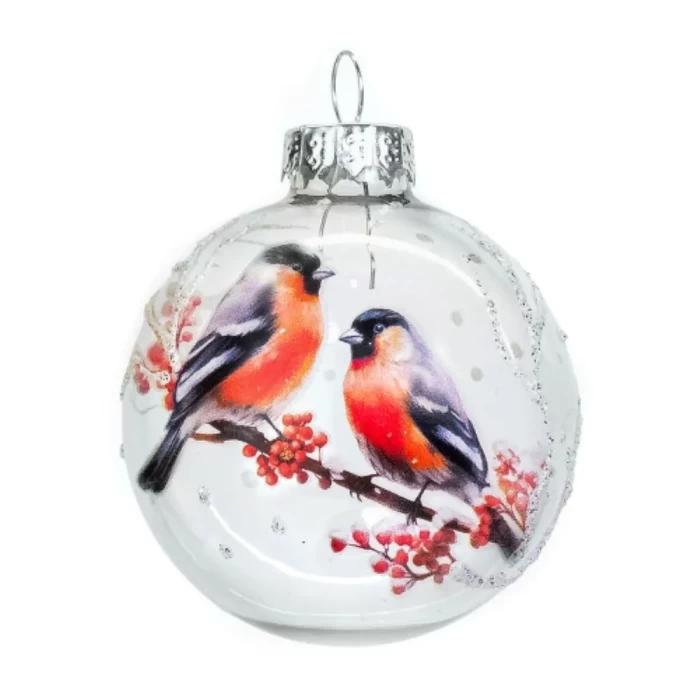 Елочный шар стеклянный декорированный Снегири 6см