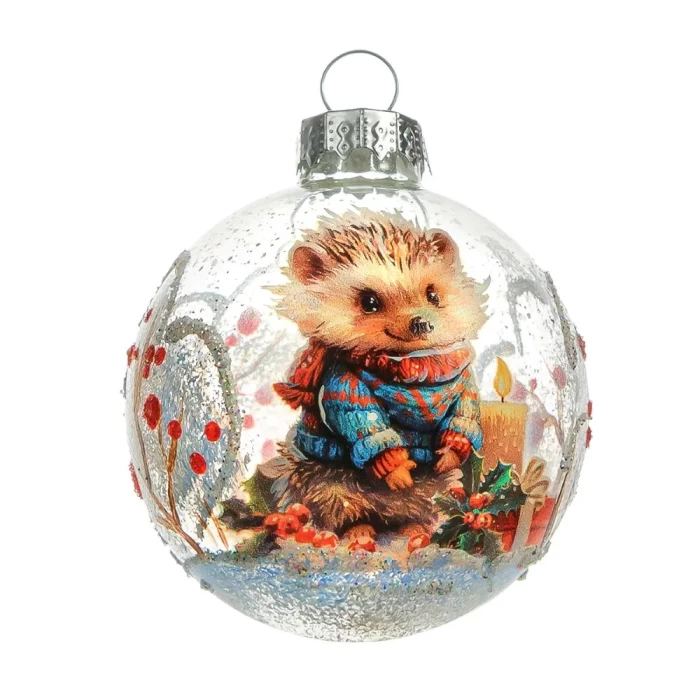 Елочный шар стеклянный декорированный Ёжик 6см