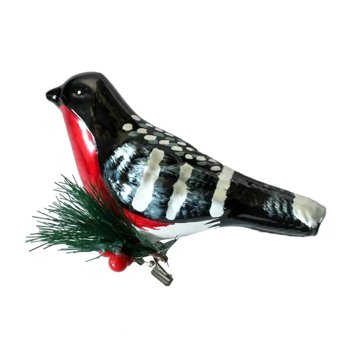 Елочная игрушка стеклянная декорированная Снегирь на прищепке