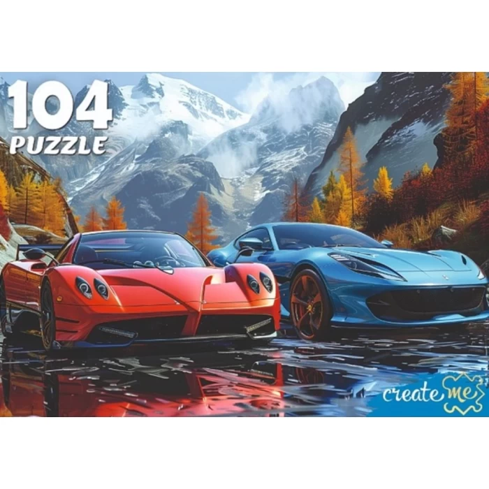 Пазл Рыжий кот Два авто на фоне гор 104 элемента