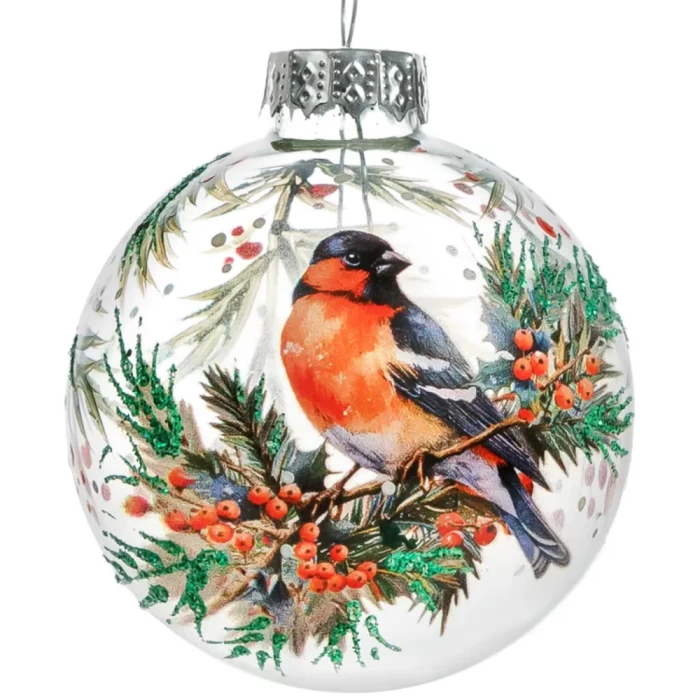 Шар елочный декорированный стеклянный Снегирь 60мм