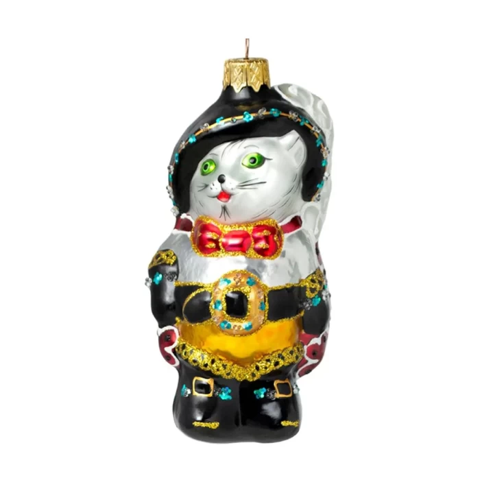 Шар елочный декорированный стеклянный Кот в сапогах