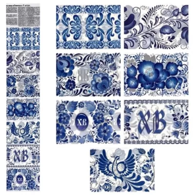 Термоэтикетки для украшения яиц Гжель 7 фрагментов 7,5х5,5см