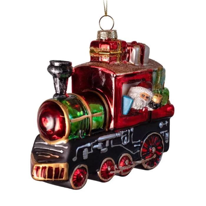 Елочная игрушка стеклянная декорированная Поезд с Санта-Клаусом