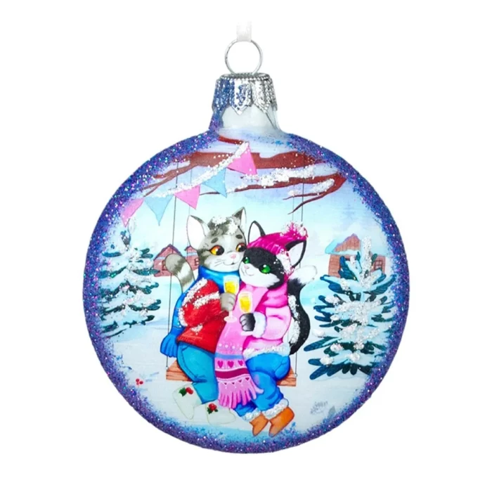 Елочная игрушка стеклянная декорированная Медальон-котики