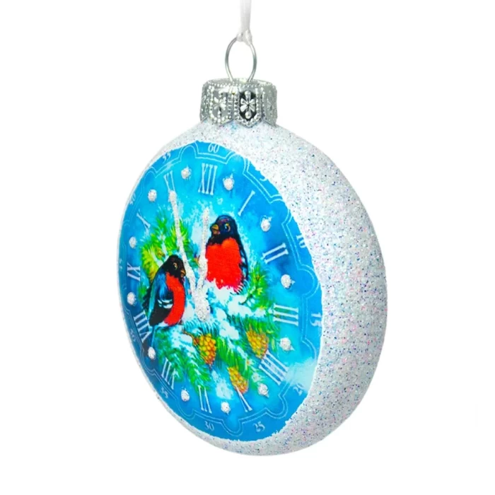Елочная игрушка стеклянная декорированная Медальон-снегири