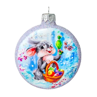  Елочная игрушка стеклянная декорированная Медальон-Зайчик с корзинкой