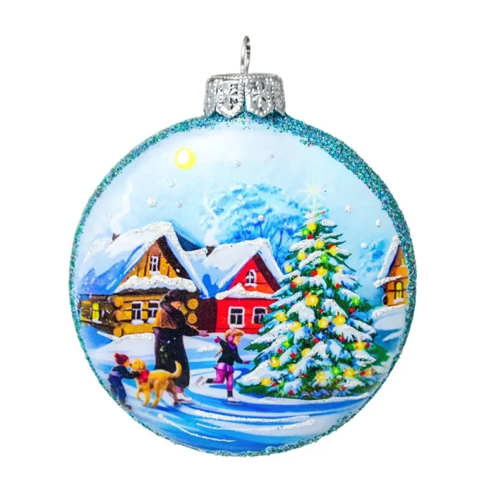 Елочная игрушка стеклянная декорированная Медальон Деревенский пейзаж