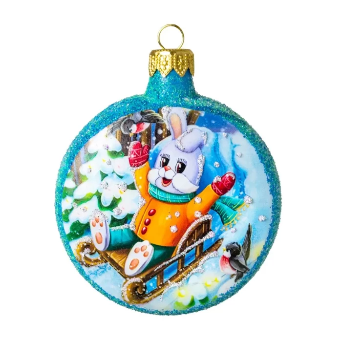 Елочная игрушка стеклянная декорированная Медальон Степашка на санках