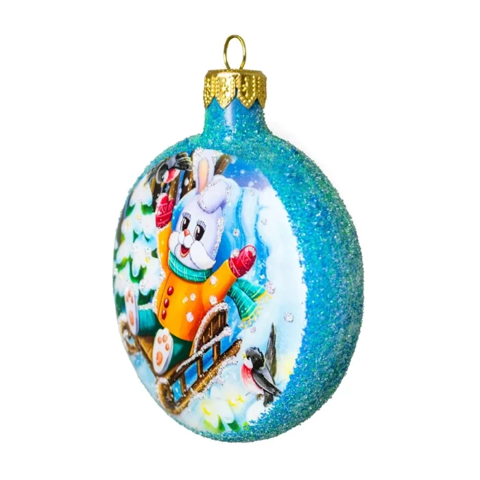 Елочная игрушка стеклянная декорированная Медальон Степашка на санках