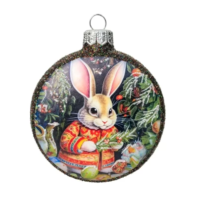 Елочная игрушка стеклянная декорированная Медальон Ушастый зайка