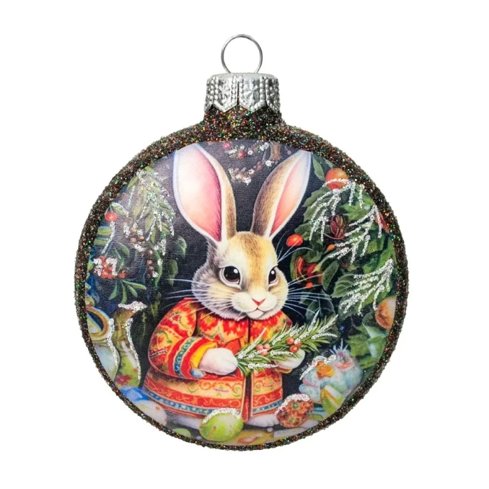 Елочная игрушка стеклянная декорированная Медальон Ушастый зайка