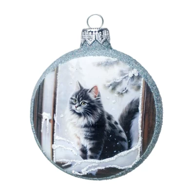 Елочная игрушка стеклянная декорированная Медальон Кот у окошка